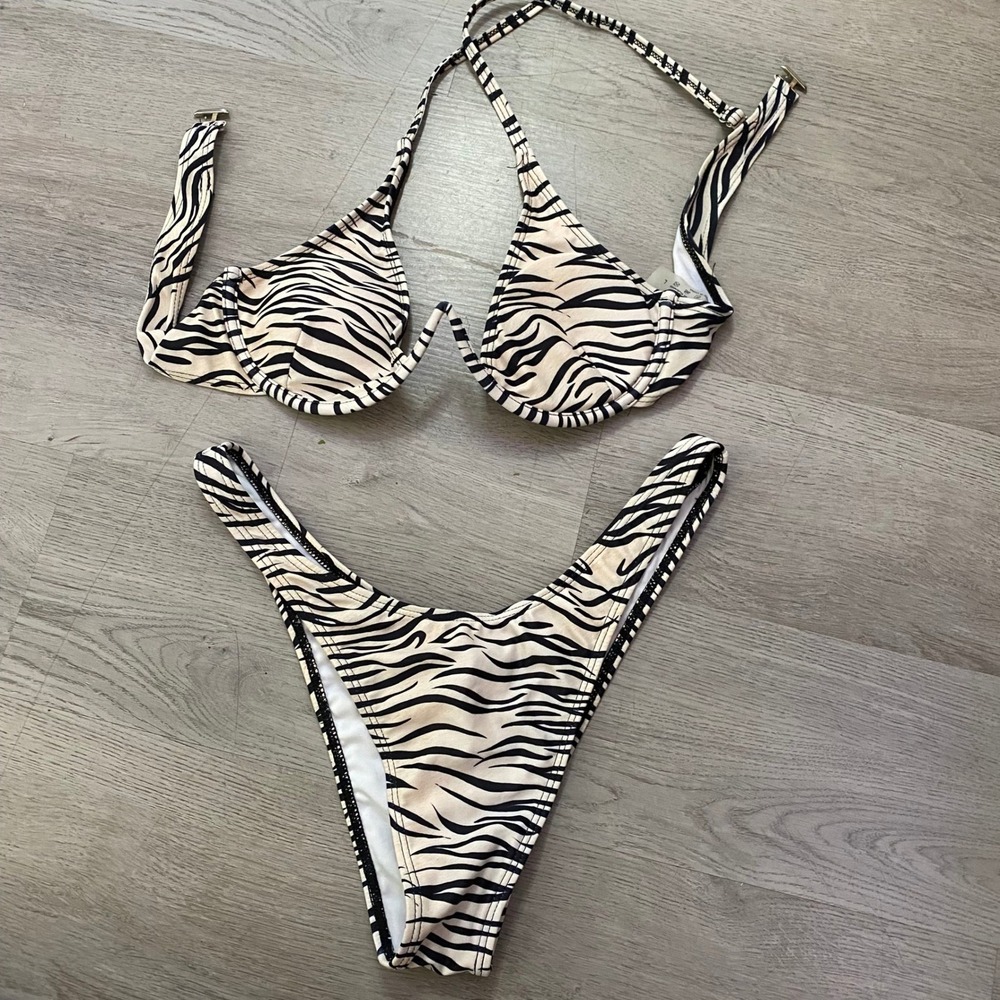 Zebra Print Bikini Set Women Large Black Cream Underwire High Cut‎